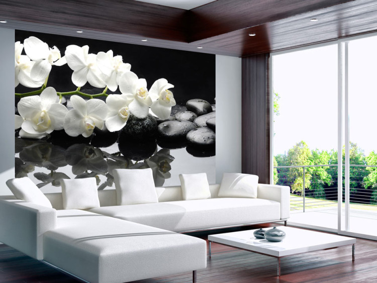 Wall Mural SPA, Stones and Orchid - Natural Floral Motifs on a Black Background 60193