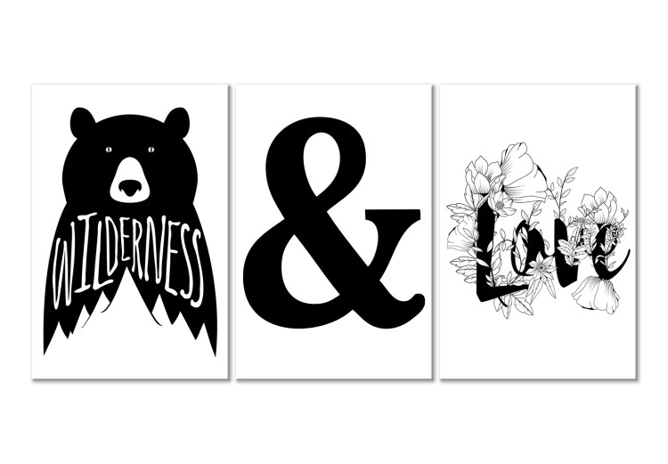 Canvas Wildlife and love - black and white graphics with a bear and flowers 117104