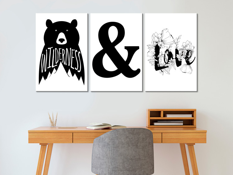 Canvas Wildlife and love - black and white graphics with a bear and flowers 117104 additionalImage 3