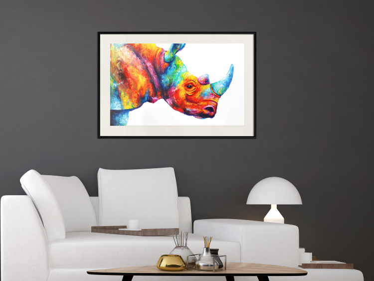 Wall Poster Rainbow Rhinoceros - colorful and abstract animal on a white background 127204 additionalImage 24