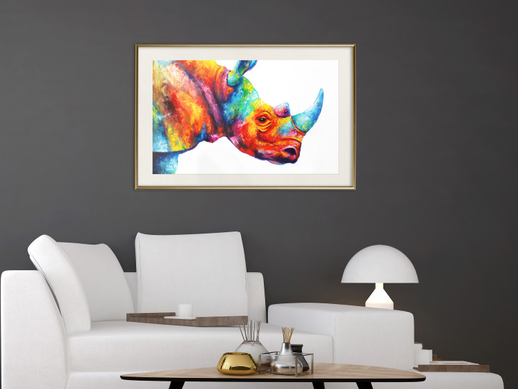 Wall Poster Rainbow Rhinoceros - colorful and abstract animal on a white background 127204 additionalImage 22