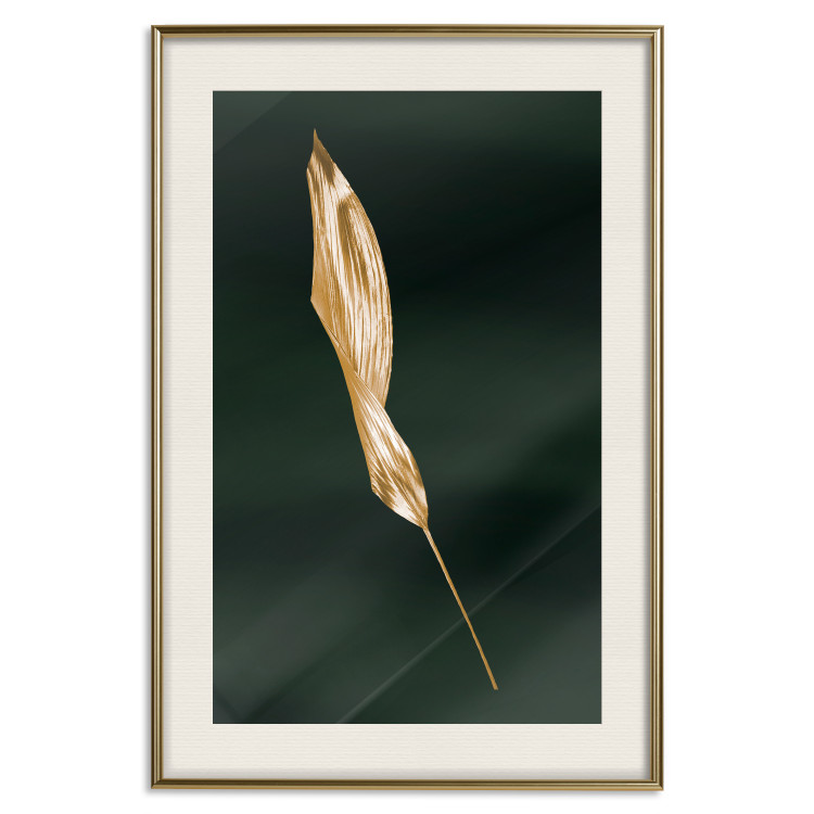 Wall Poster Leaf in the Wind - golden leaf composition on a dark green background 135604 additionalImage 2