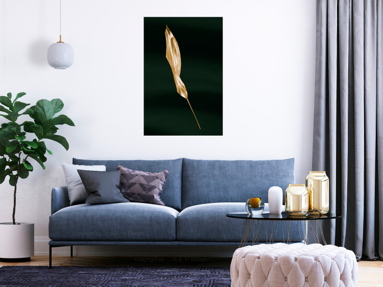 Wall Poster Leaf in the Wind - golden leaf composition on a dark green background 135604 additionalImage 8