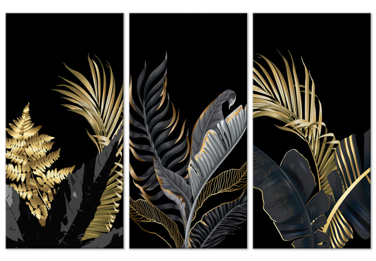 Canvas Art Print Tropical Heat (3-piece) - gold-adorned leaves in glamour style 138204