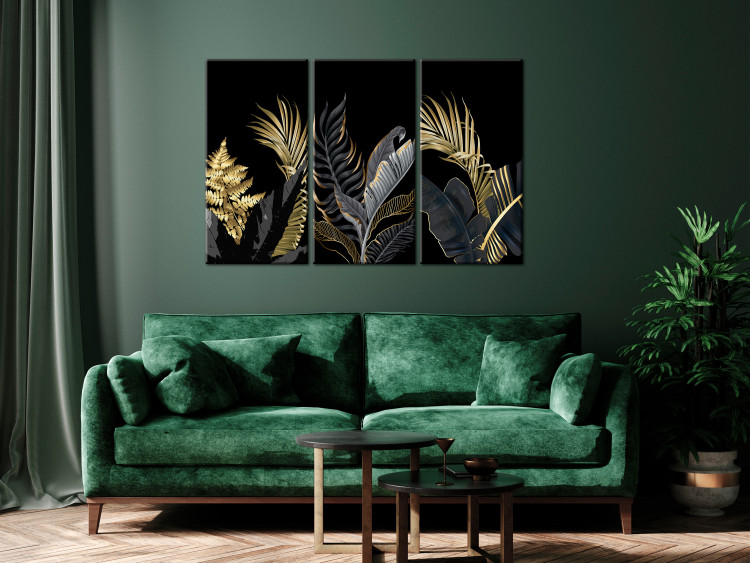 Canvas Art Print Tropical Heat (3-piece) - gold-adorned leaves in glamour style 138204 additionalImage 3