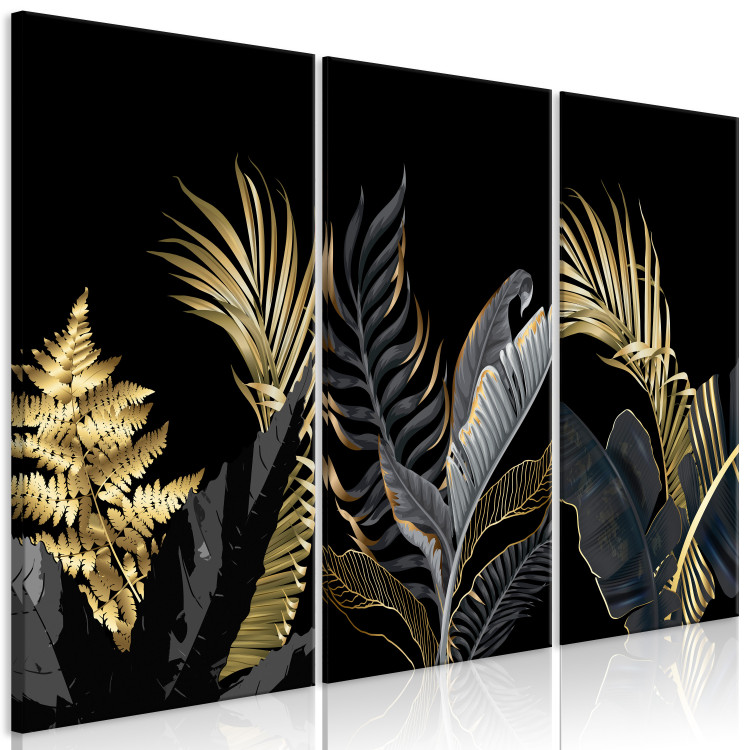 Canvas Art Print Tropical Heat (3-piece) - gold-adorned leaves in glamour style 138204 additionalImage 2