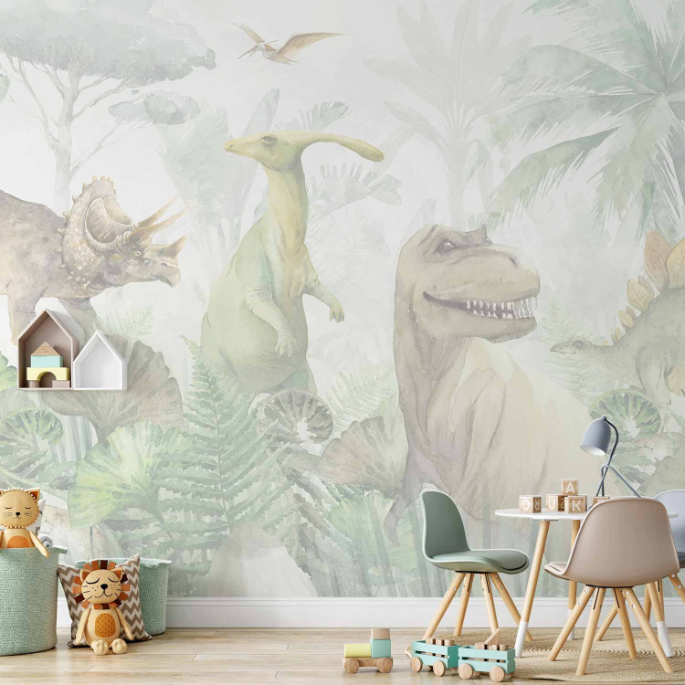 Wall Mural Dinosaurs - Pastel Watercolor Reptiles in a Prehistoric Jungle 148604 additionalImage 6