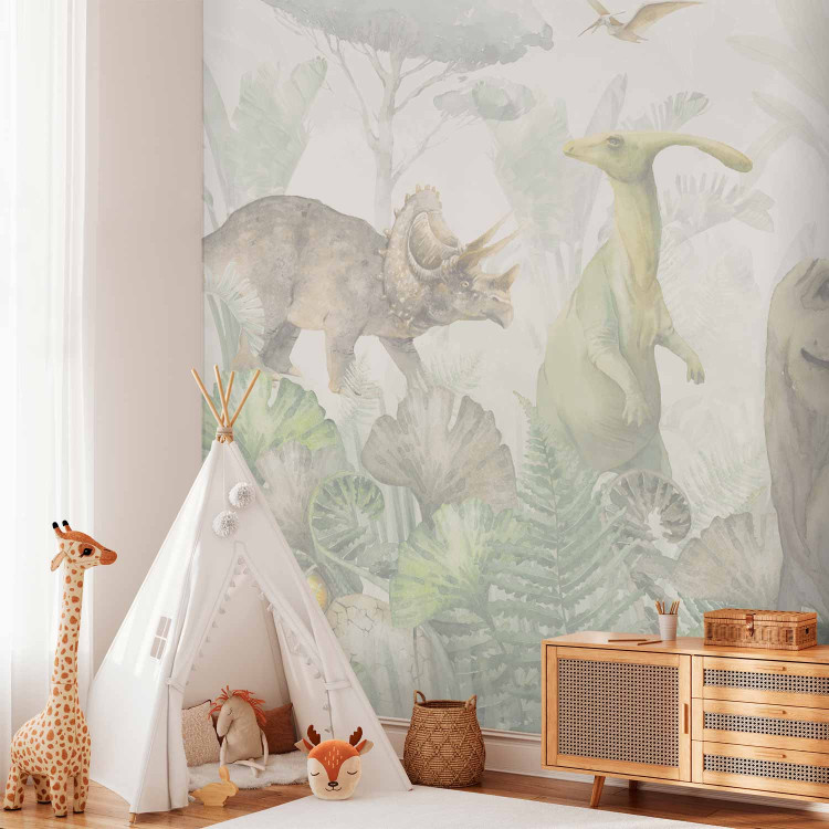Wall Mural Dinosaurs - Pastel Watercolor Reptiles in a Prehistoric Jungle 148604 additionalImage 4