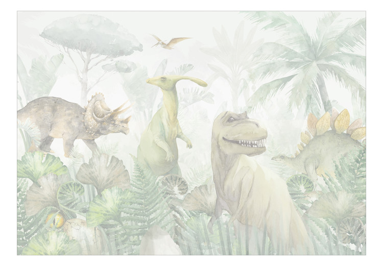 Wall Mural Dinosaurs - Pastel Watercolor Reptiles in a Prehistoric Jungle 148604 additionalImage 1