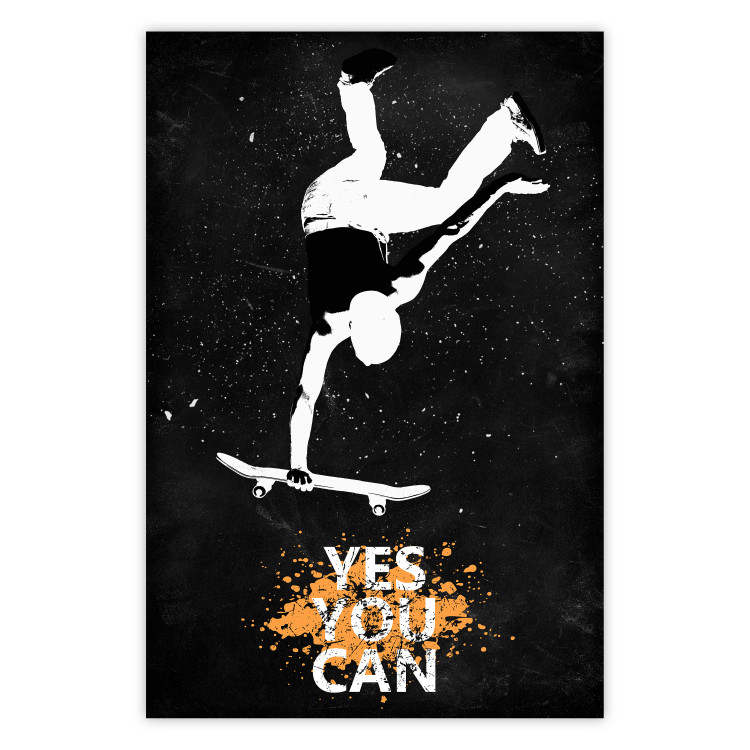 Poster Teenager on a Skateboard - Boy Jumping on a Board on a Dark Background 148904
