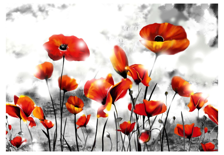 Wall Mural Condemnation - Red Poppy Flowers on a Black-and-White Background of Sky and Mist 60404 additionalImage 1