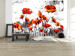 Wall Mural Condemnation - Red Poppy Flowers on a Black-and-White Background of Sky and Mist 60404