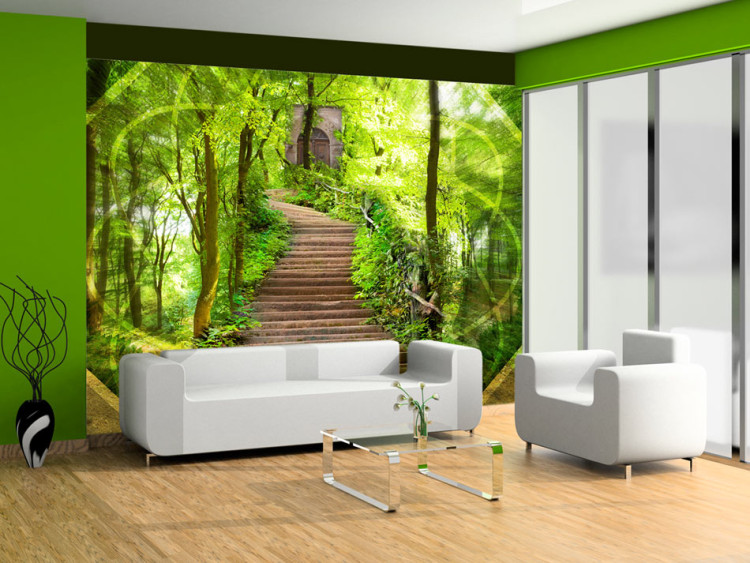 Photo Wallpaper Mystery of the Forest - Imaginative Landscape with Stairs Surrounded by Trees 60504