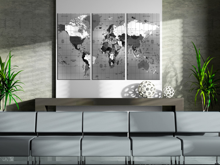 Canvas Art Print Gray Cartography (3-piece) - World Map in a Geometric Pattern 93804 additionalImage 3