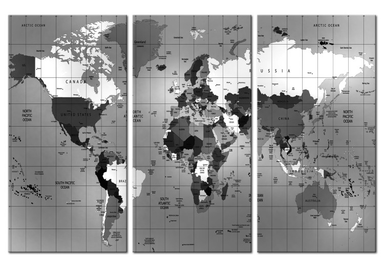 Canvas Art Print Gray Cartography (3-piece) - World Map in a Geometric Pattern 93804