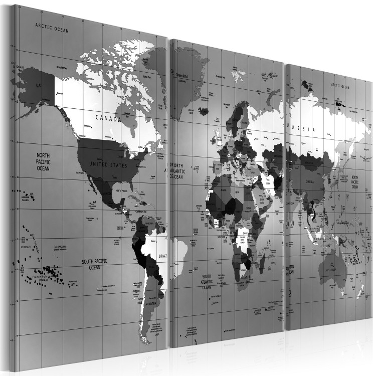 Canvas Art Print Gray Cartography (3-piece) - World Map in a Geometric Pattern 93804 additionalImage 2
