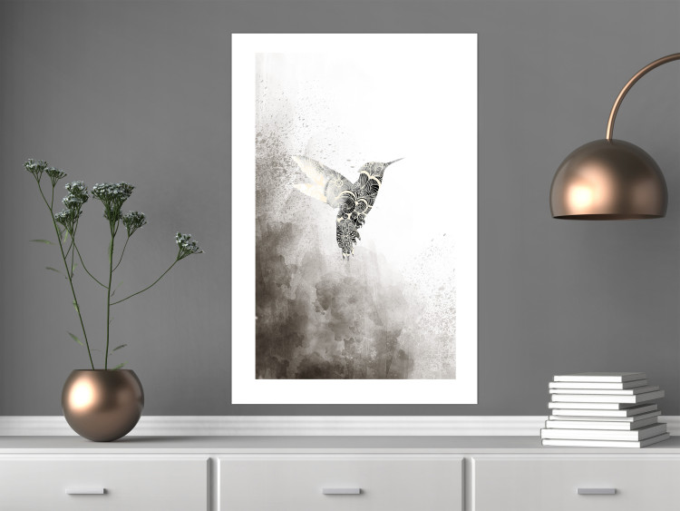 Poster Ethnic Hummingbird - abstraction with a bird in shades of gray 116314 additionalImage 2