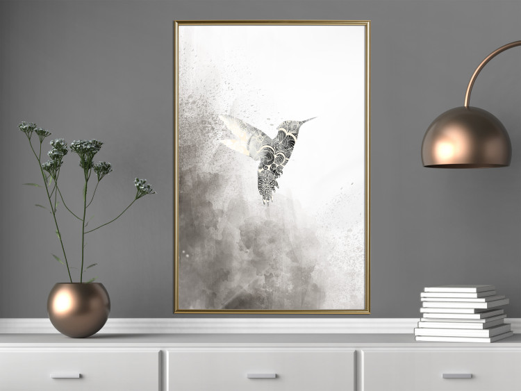 Poster Ethnic Hummingbird - abstraction with a bird in shades of gray 116314 additionalImage 5