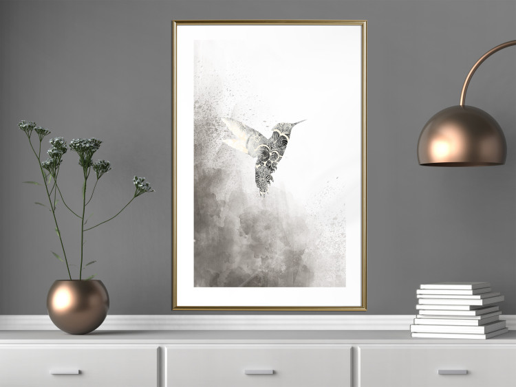 Poster Ethnic Hummingbird - abstraction with a bird in shades of gray 116314 additionalImage 13