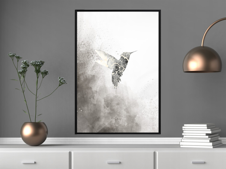 Poster Ethnic Hummingbird - abstraction with a bird in shades of gray 116314 additionalImage 3
