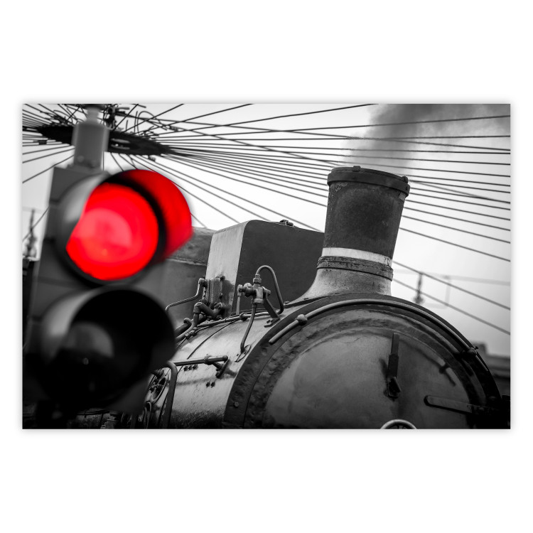 Poster Old Train - black and white shot with a red glowing light 116414