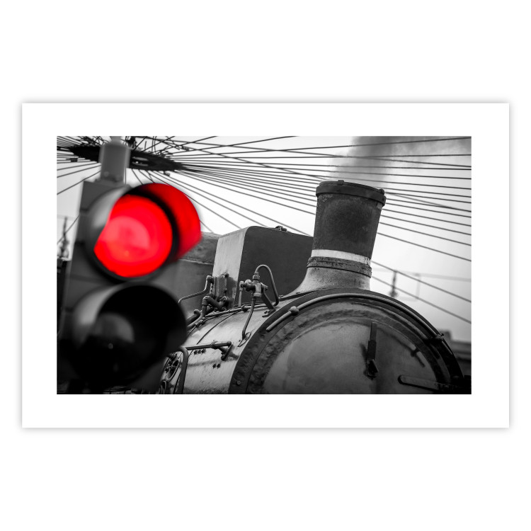 Poster Old Train - black and white shot with a red glowing light 116414 additionalImage 25