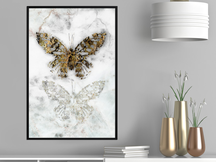 Poster Immortal Butterfly - composition with a golden insect on a marble background 118314 additionalImage 10