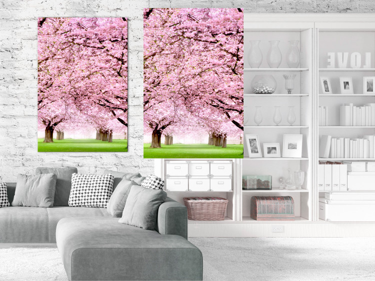 Wall Poster Cherry Orchard - landscape of green grass and trees with pink leaves 126214 additionalImage 16