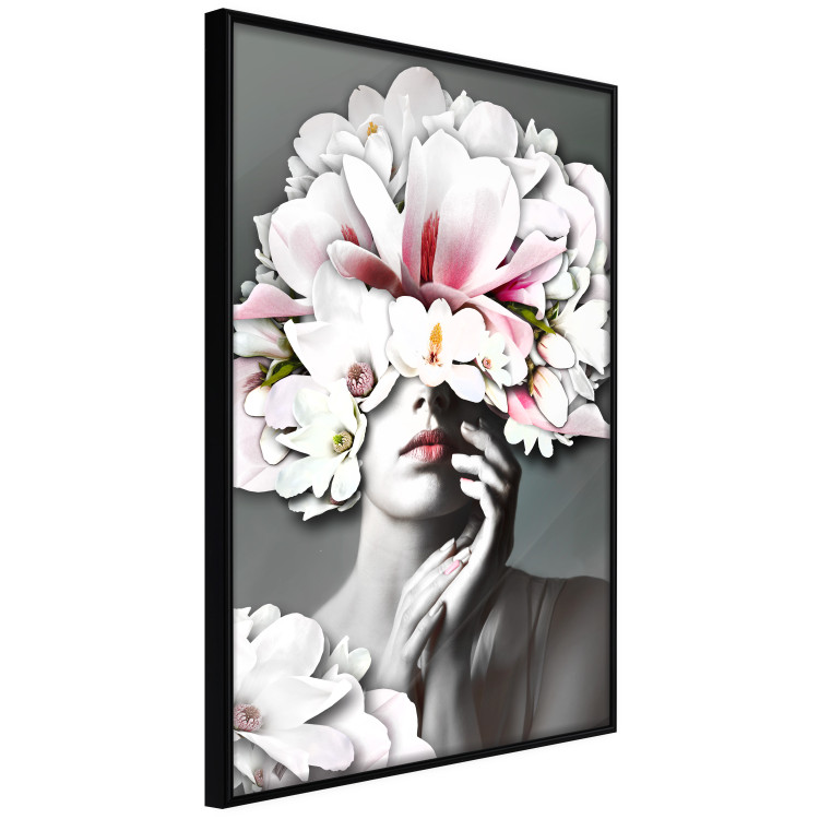Poster Dream of Love - portrait of a woman with flowers on her head on a gray background 127214 additionalImage 10
