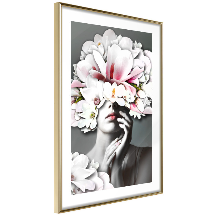 Poster Dream of Love - portrait of a woman with flowers on her head on a gray background 127214 additionalImage 5