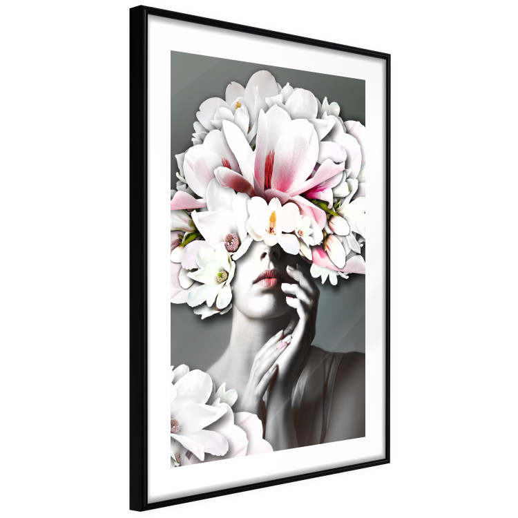 Poster Dream of Love - portrait of a woman with flowers on her head on a gray background 127214 additionalImage 2