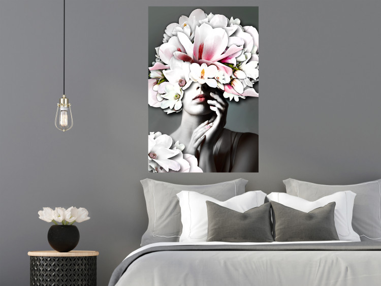 Poster Dream of Love - portrait of a woman with flowers on her head on a gray background 127214 additionalImage 6