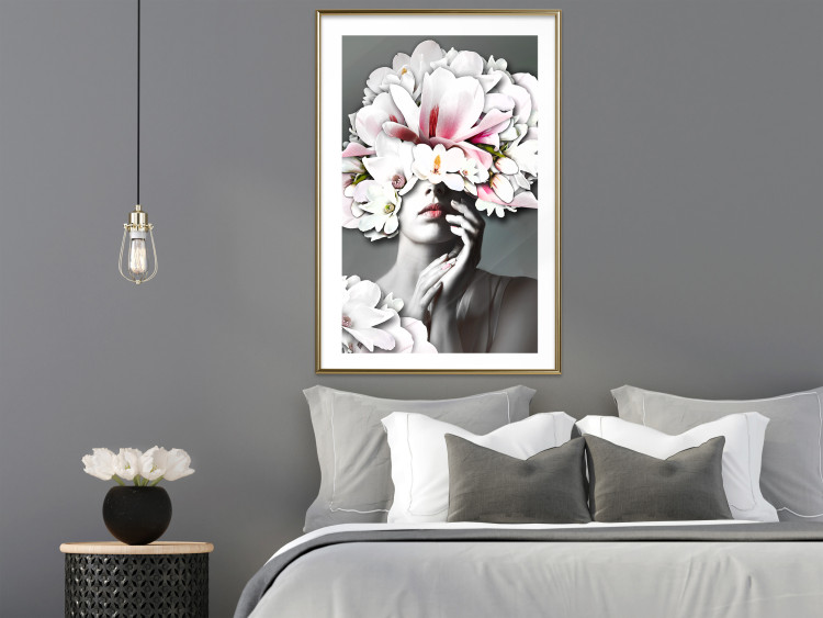 Poster Dream of Love - portrait of a woman with flowers on her head on a gray background 127214 additionalImage 15