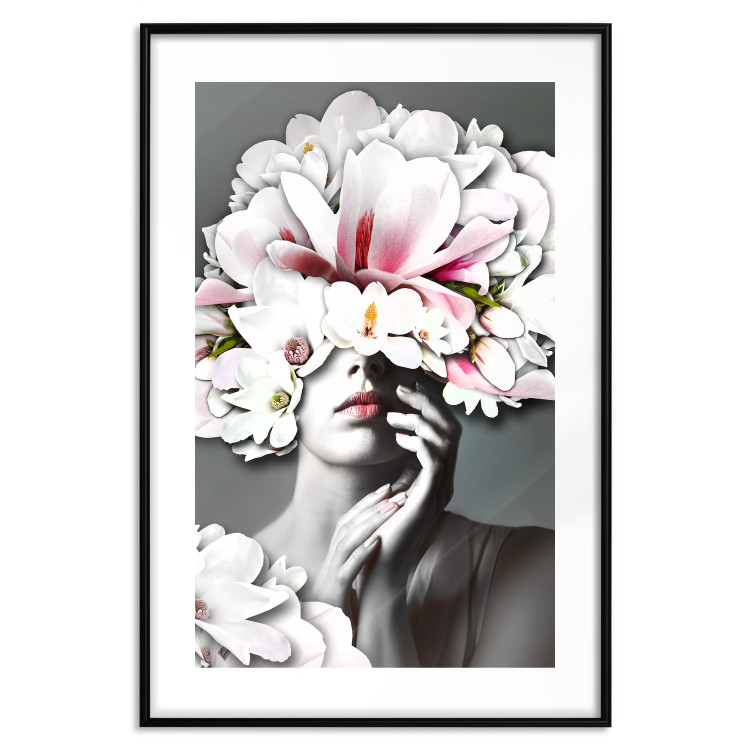 Poster Dream of Love - portrait of a woman with flowers on her head on a gray background 127214 additionalImage 15