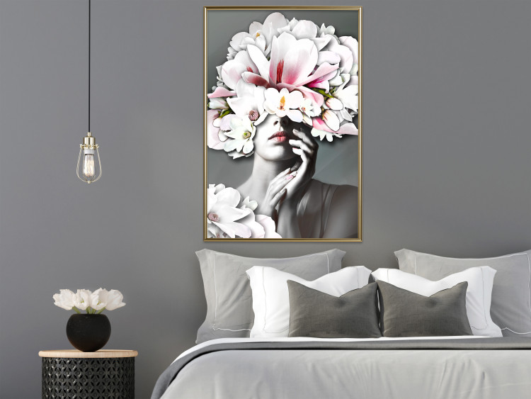 Poster Dream of Love - portrait of a woman with flowers on her head on a gray background 127214 additionalImage 12