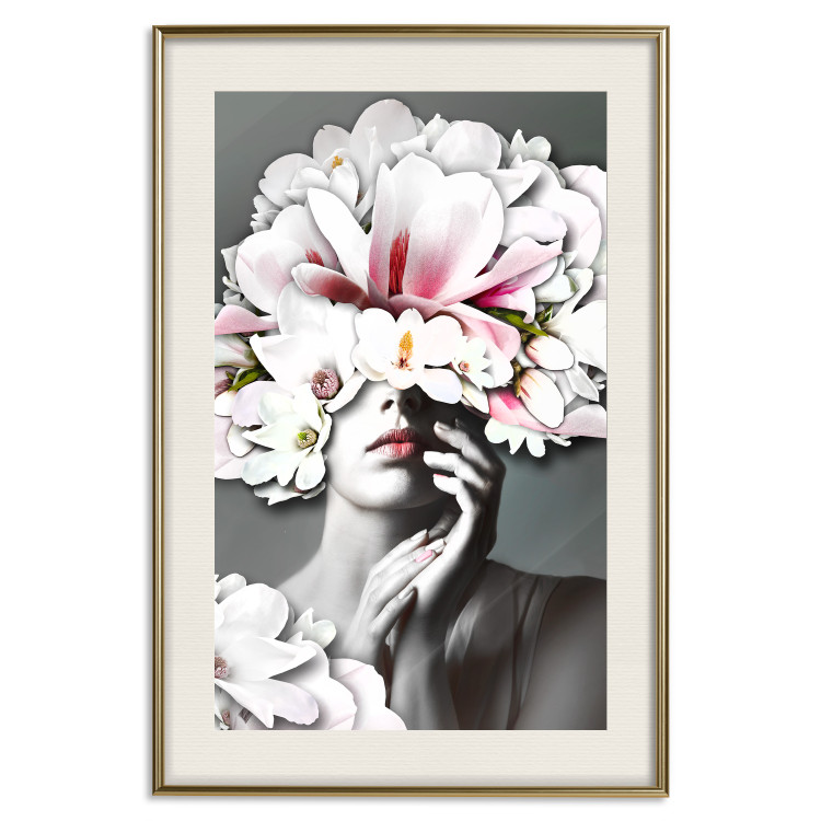 Poster Dream of Love - portrait of a woman with flowers on her head on a gray background 127214 additionalImage 20