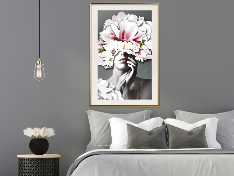 Poster Dream of Love - portrait of a woman with flowers on her head on a gray background 127214 additionalImage 22