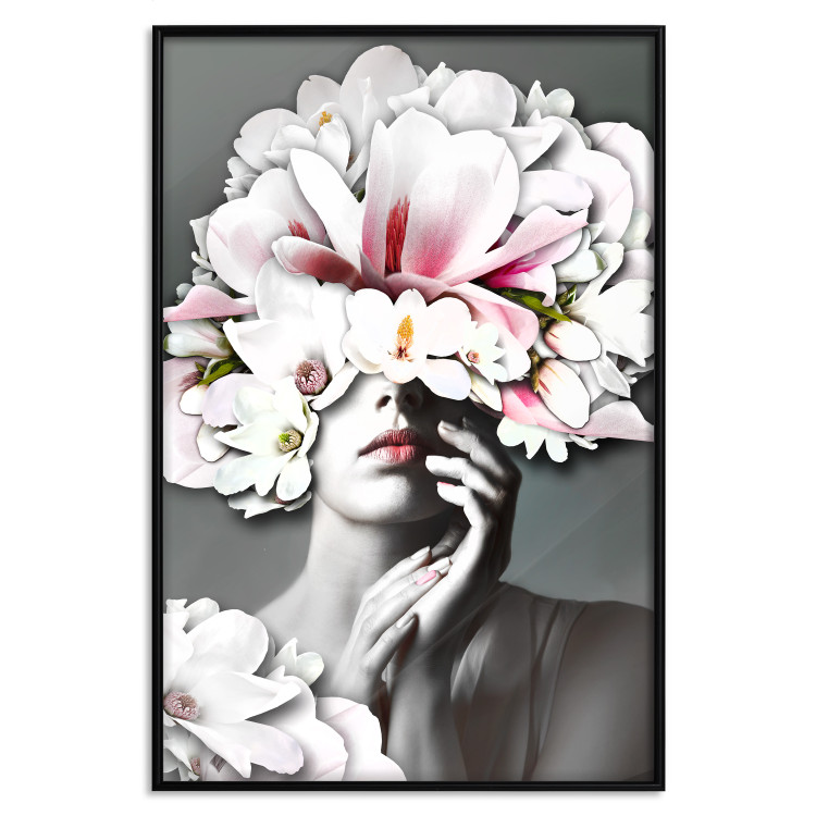 Poster Dream of Love - portrait of a woman with flowers on her head on a gray background 127214 additionalImage 18