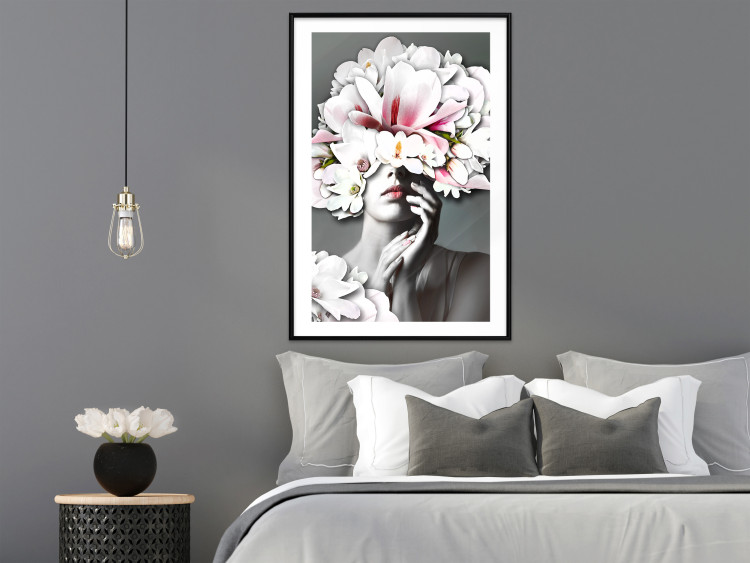 Poster Dream of Love - portrait of a woman with flowers on her head on a gray background 127214 additionalImage 23