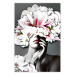 Poster Dream of Love - portrait of a woman with flowers on her head on a gray background 127214