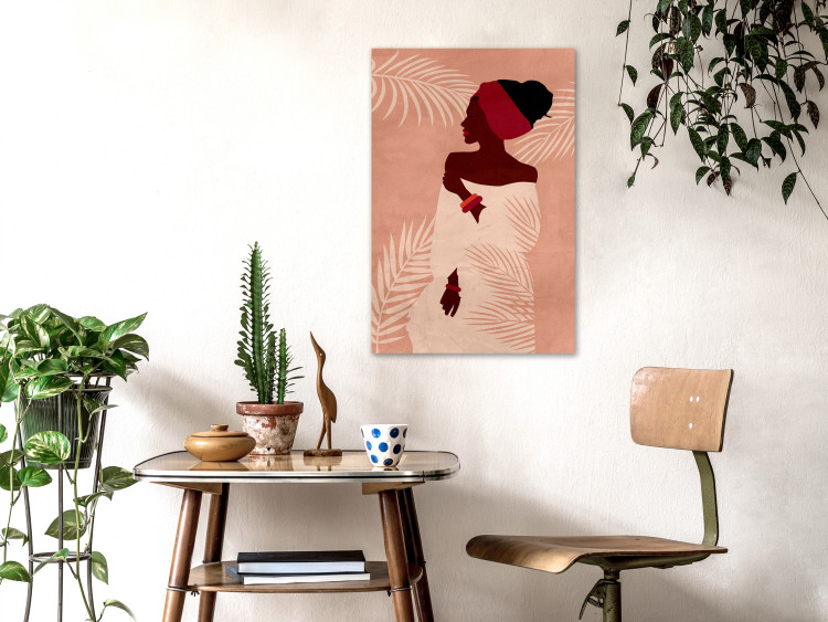 Canvas Art Print Relaxing under Palms (1-piece) Vertical - woman on a pink background 134214 additionalImage 3