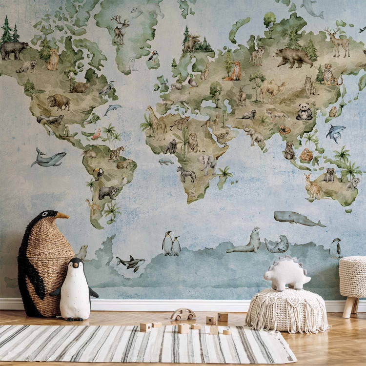 Photo Wallpaper Painted world map - different animals on the continents for children 142714 additionalImage 4