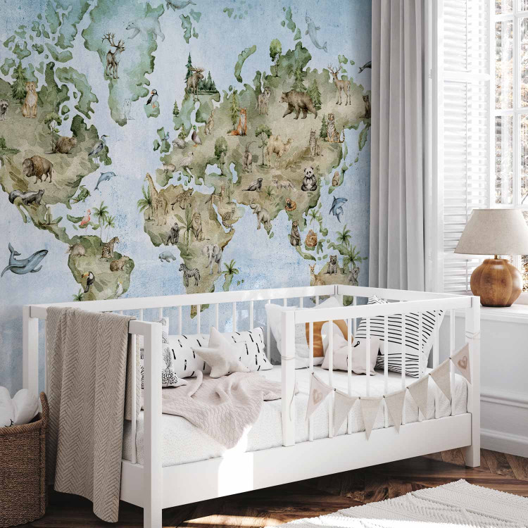Photo Wallpaper Painted world map - different animals on the continents for children 142714 additionalImage 2