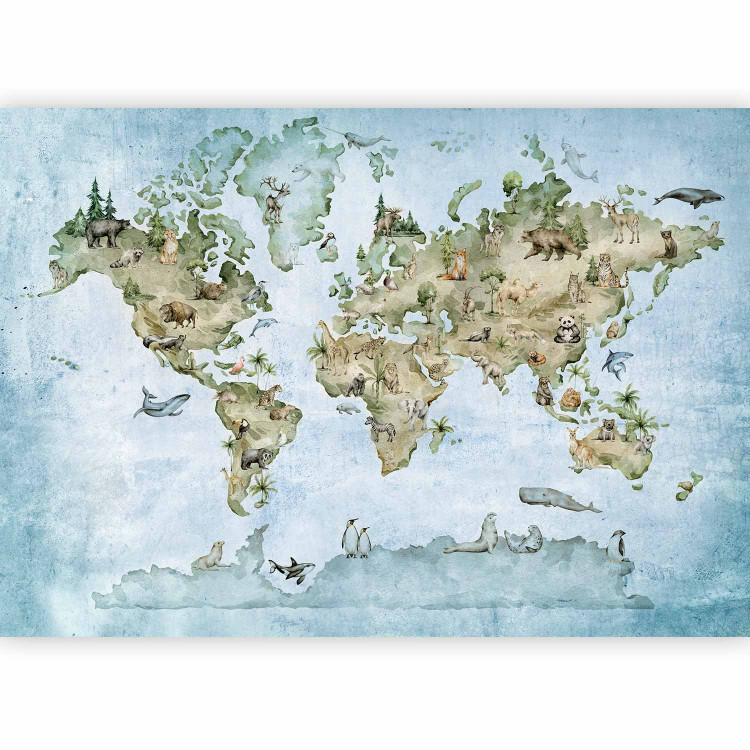 Photo Wallpaper Painted world map - different animals on the continents for children 142714 additionalImage 5
