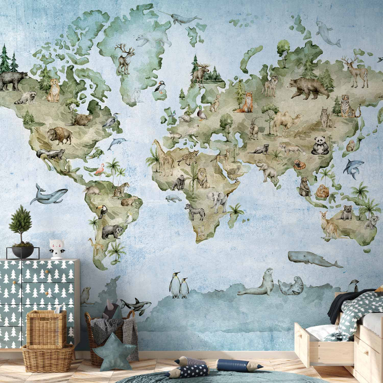 Photo Wallpaper Painted world map - different animals on the continents for children 142714 additionalImage 8