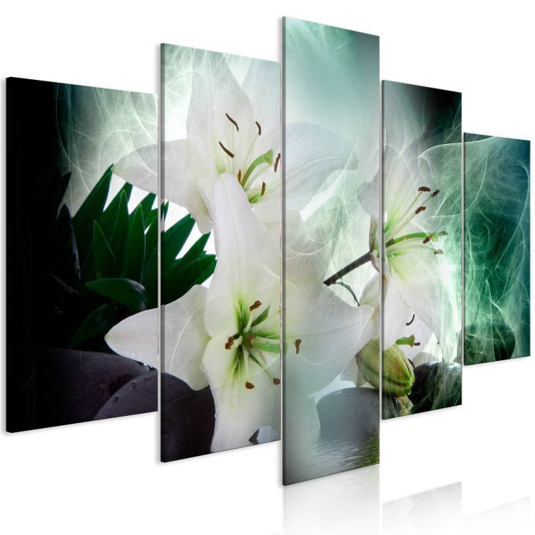 Canvas Turquoise Wind (5-piece) Wide - lilies on an abstract background 143414 additionalImage 2