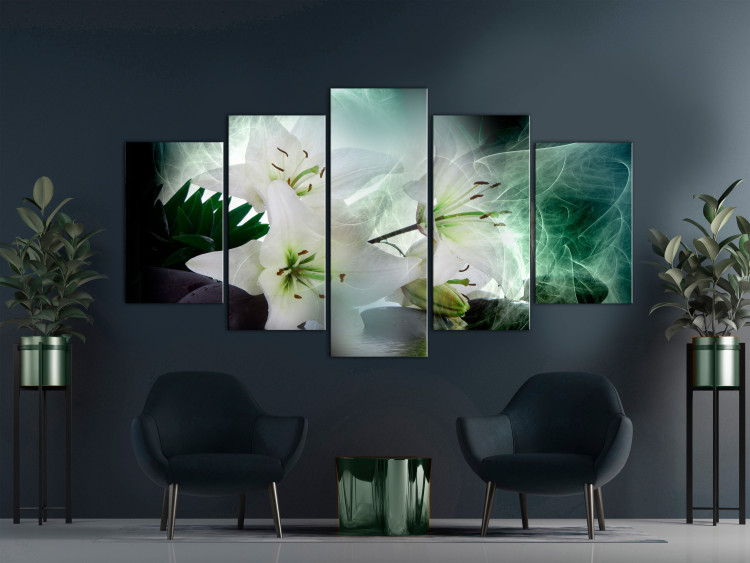 Canvas Turquoise Wind (5-piece) Wide - lilies on an abstract background 143414 additionalImage 3