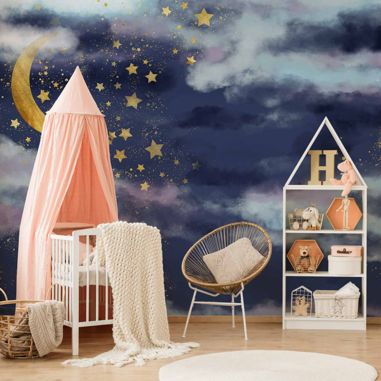 Photo Wallpaper Night sky - children's landscape with golden moon and stars 143714 additionalImage 4