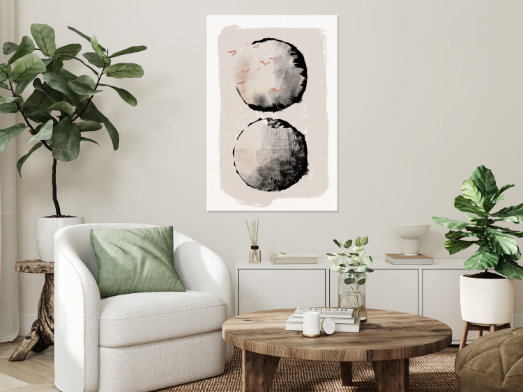 Canvas Two Moons (1-piece) - Japanese abstraction in two circles and birds 145314 additionalImage 3