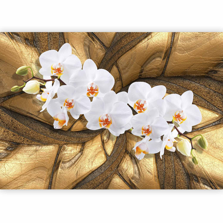Wall Mural Golden orchid - white floral motif on a textured leather-type background 92114 additionalImage 1